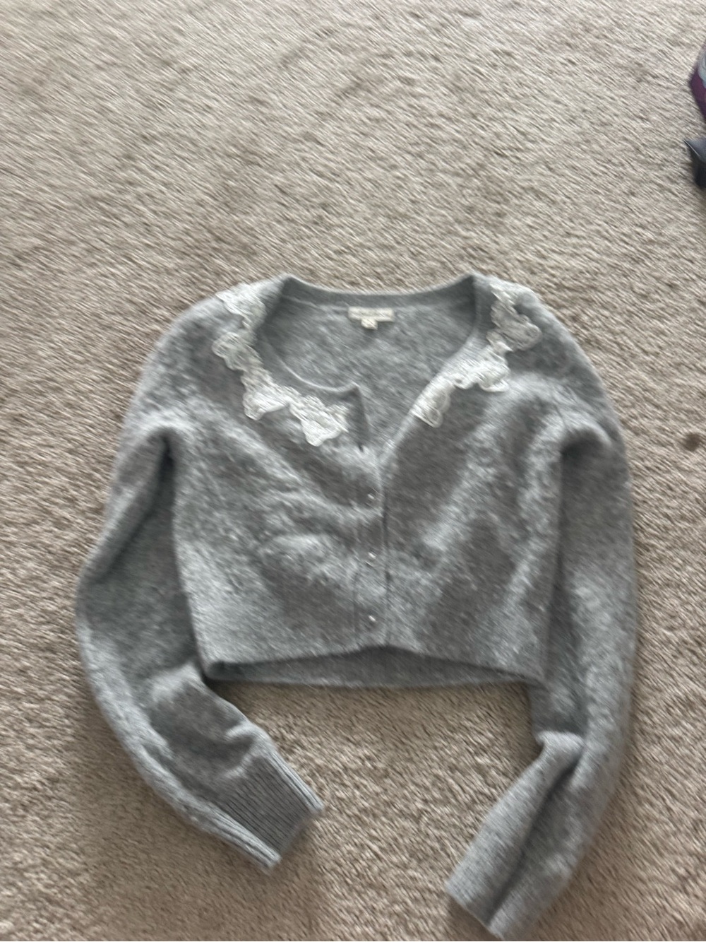 For Love & Lemons Gray Cropped Cardigan with Lace Collar
